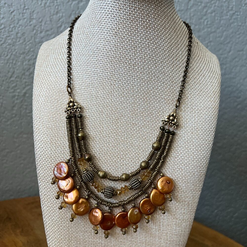 Nienke Sjaardema Handmade Statement Necklace in Brass, Citrine & Coral Beads 17"